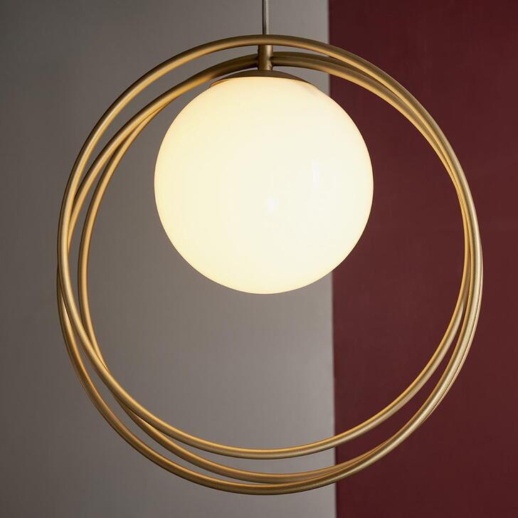 Thorlight Ravi Brushed Gold Finish Single Pendant Light Complete With Glossy Opal Glass Globe