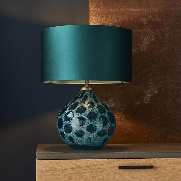 Thorlight Roan Teal Tinted Artisan Glass Table Lamp Complete With Antique Brass Detailing