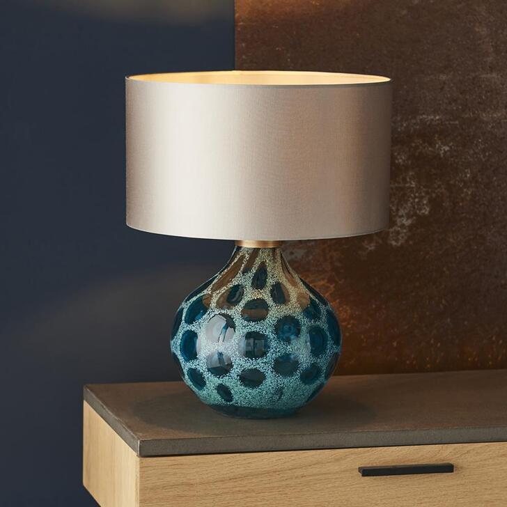 Thorlight Roan Teal Tinted Artisan Glass Table Lamp Complete With Antique Brass Detailing