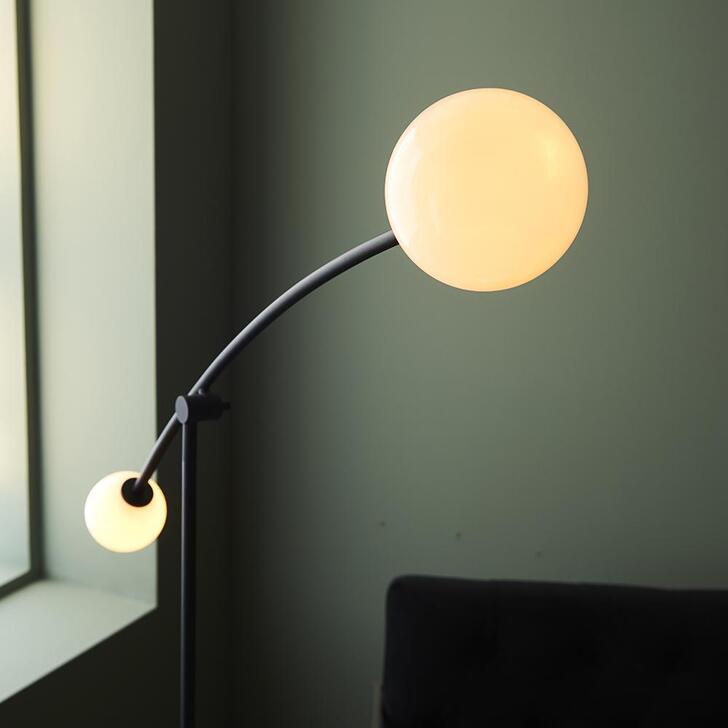 Thorlight Selah Textured Black Finish 2 Light Floor Lamp Complete With Glossy Opal Glass Globes