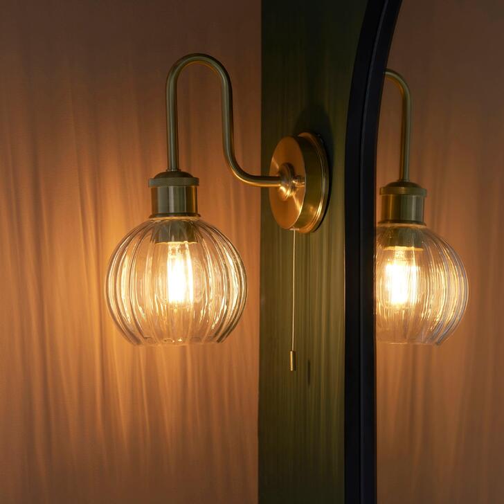 Thorlight Silas Satin Brass Single Bathroom Wall Light With Clear Ribbed Glass Shade - IP44