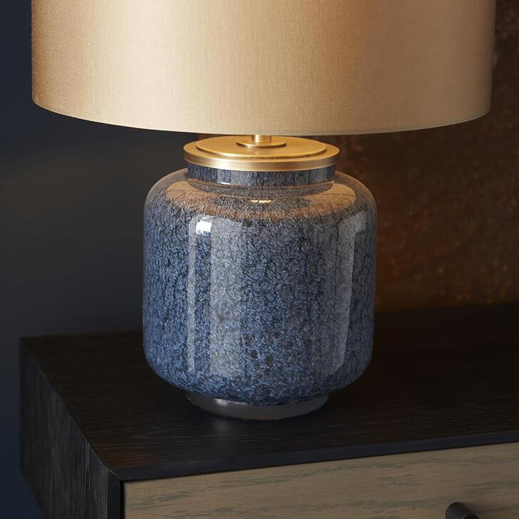 Thorlight Soren Antique Brass & Cobalt Mottled Glass Table Lamp Complete With Satin Gold Shade