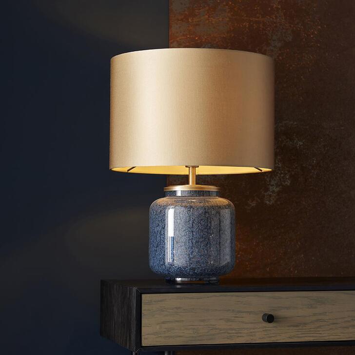 Thorlight Soren Antique Brass & Cobalt Mottled Glass Table Lamp Complete With Satin Gold Shade