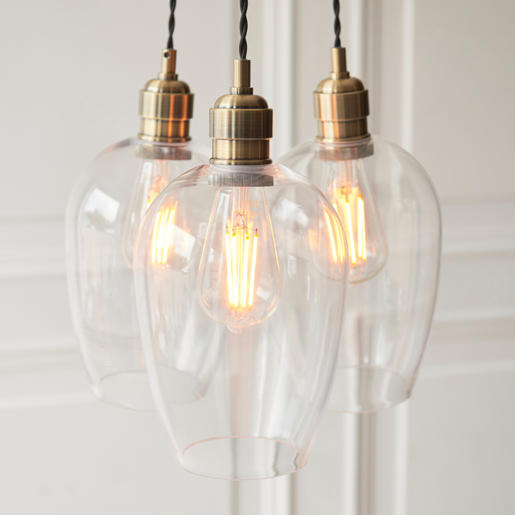 Thorlight Trentham 3 Light Antique Brass Cluster Pendant Light Complete With Clear Glass