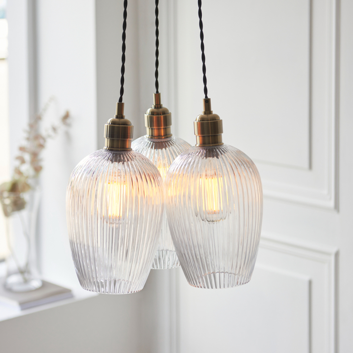 Thorlight Trentham 3 Light Antique Brass Cluster Pendant Light Complete With Clear Ribbed Glasses