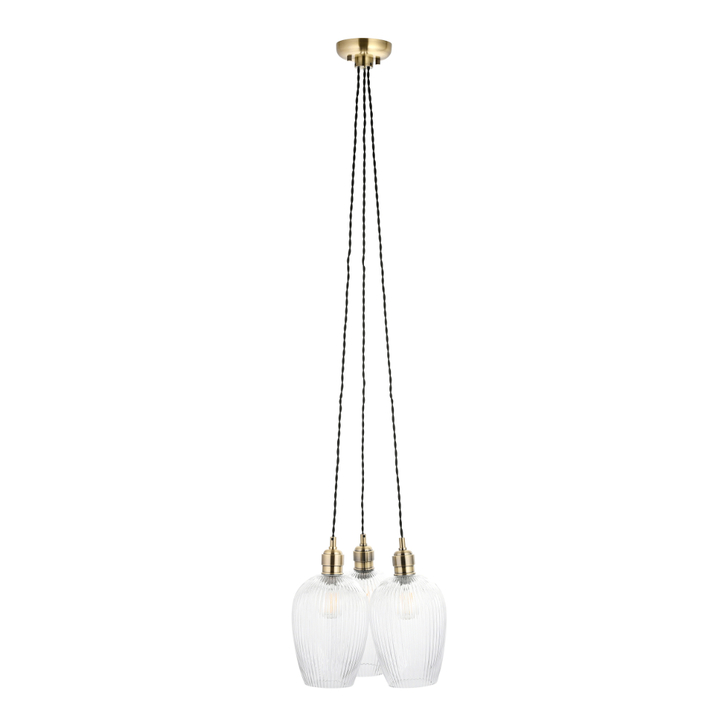Thorlight Trentham 3 Light Antique Brass Cluster Pendant Light Complete With Clear Ribbed Glasses