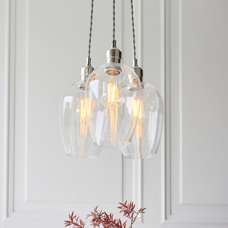 Thorlight Trentham 3 Light Polished Nickel Cluster Pendant Light Complete With Clear Glass