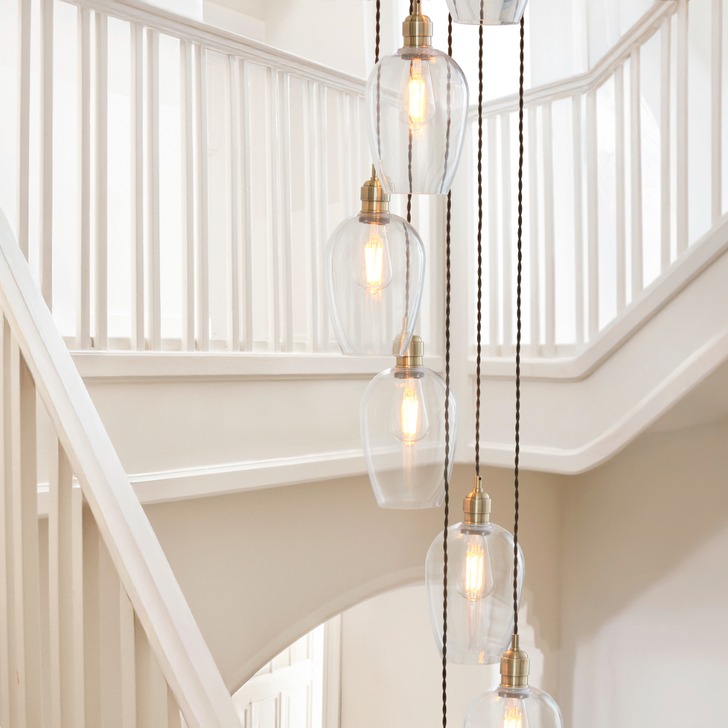 Thorlight Trentham Large 13 Light Antique Brass Stairway Cascade Light Complete With Clear Glass Shades