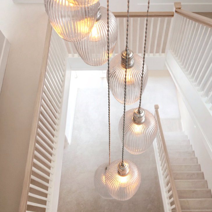 Thorlight Trentham Large 13 Light Polished Nickel Stairway Cascade Light Complete With Clear Ribbed Glass Shades