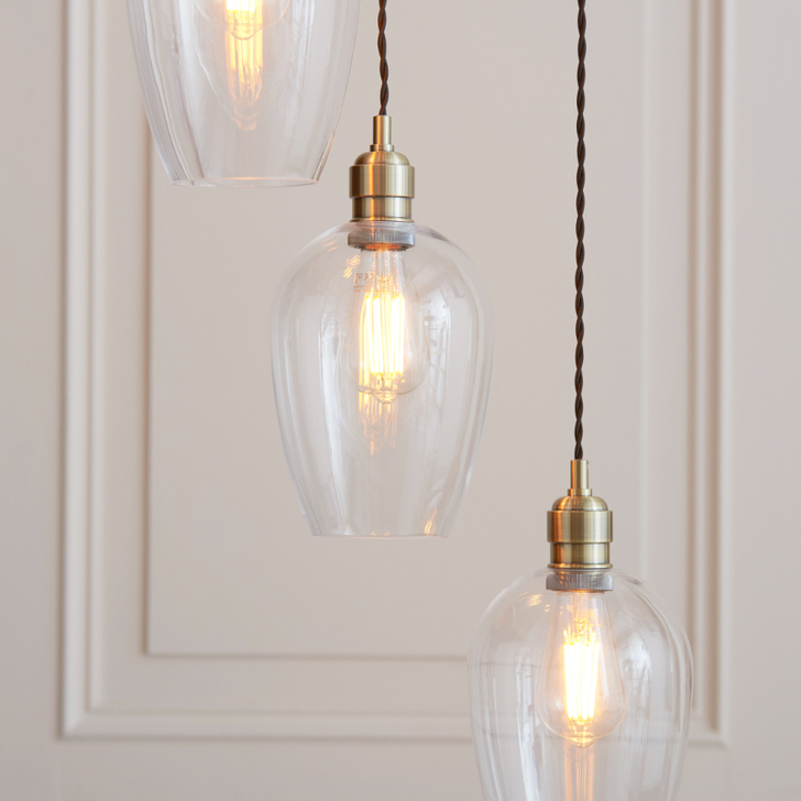 Thorlight Trentham Large 7 Light Antique Brass Stairway Cascade Light Complete With Clear Glass Shades