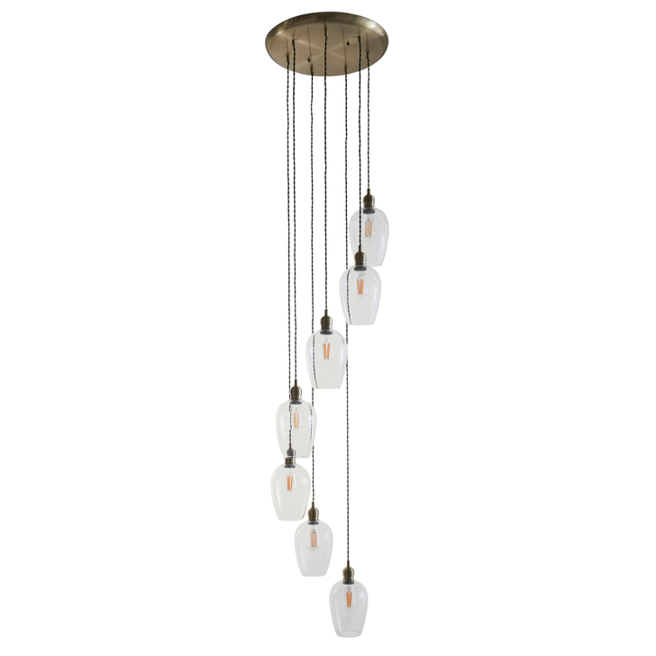 Thorlight Trentham Large 7 Light Antique Brass Stairway Cascade Light Complete With Clear Glass Shades