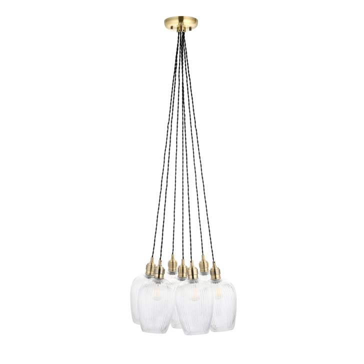 Thorlight Trentham Large 7 Light Antique Brass Stairway Cluster Light Complete With Clear Ribbed Glass Shades