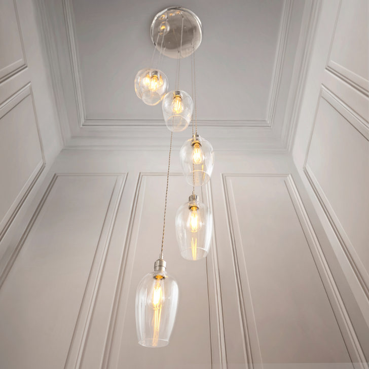 Thorlight Trentham Large 7 Light Polished Nickel Stairway Cascade Light Complete With Clear Glass Shades