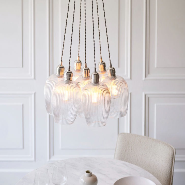 Thorlight Trentham Large 7 Light Polished Nickel Stairway Cluster Light Complete With Clear Ribbed Glass Shades