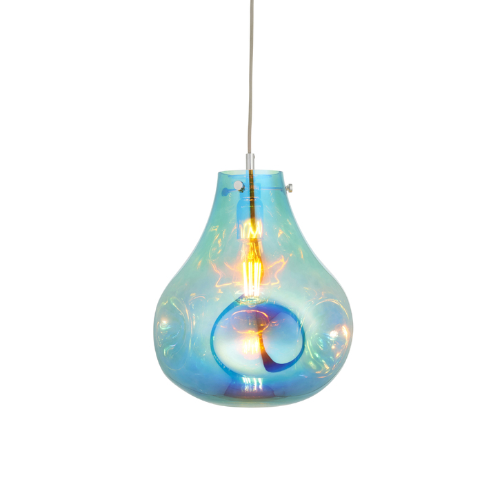 Thorlight Xian Single Pendant Light Polished Chrome With Petrol Effect Dimpled Glass