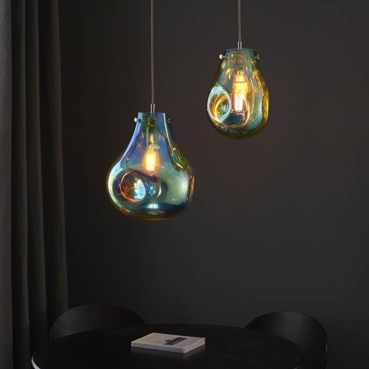 Thorlight Xian Small Single Pendant Light Polished Chrome With Petrol Effect Dimpled Glass