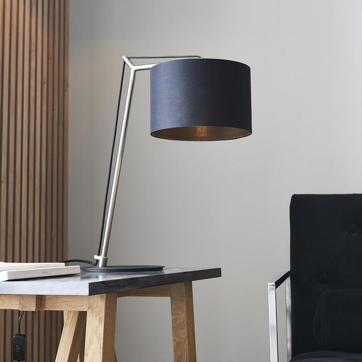 Thorlight Yareli Matt Nickel & Black Finish Angular Table Lamp Complete With Black Cotton Shade