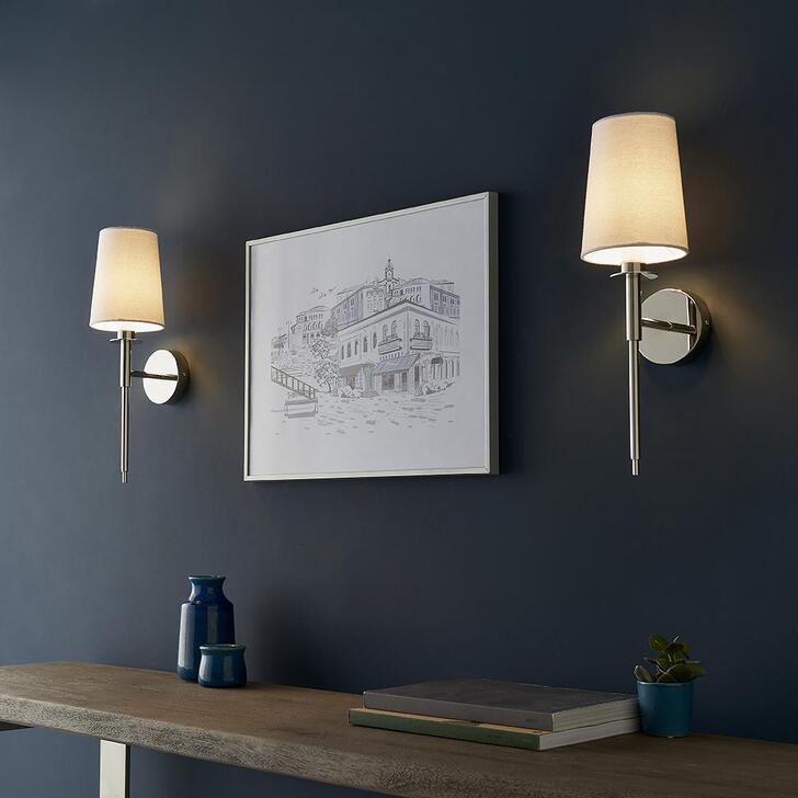 Thorlight Zadie Polished Nickel Single Wall Light Complete With Vintage White Cotton Fabric Shade