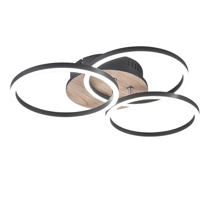 Trio Lighting Circle Matt Black & Wood Round Flush Swivelling Ceiling Light - Remote Control