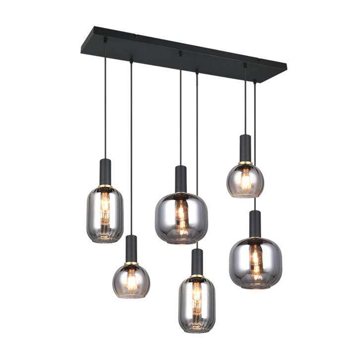 Trio Lighting Diva 6 Light Rectangular Island Pendant Matt Black With Chrome Plated Assorted Glasses