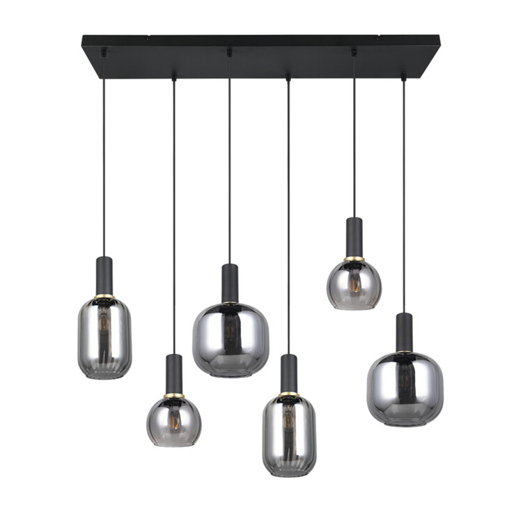 Trio Lighting Diva 6 Light Rectangular Island Pendant Matt Black With Chrome Plated Assorted Glasses