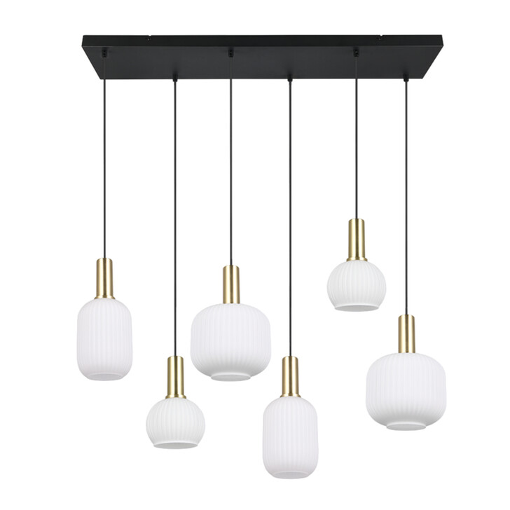 Trio Lighting Diva 6 Light Rectangular Island Pendant Matt Brass/Black With Opal Assorted Glasses