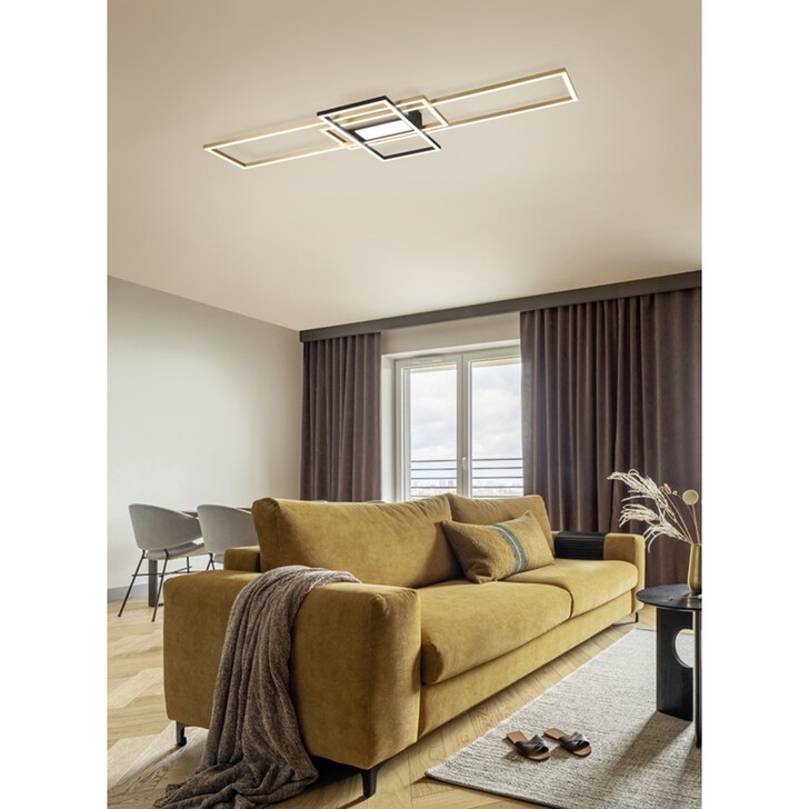 Trio Lighting Irvine Matt Brass/Matt Black Rectangular LED Flush Ceiling Light - 3000K-6500K & Dimmable Via Remote Control