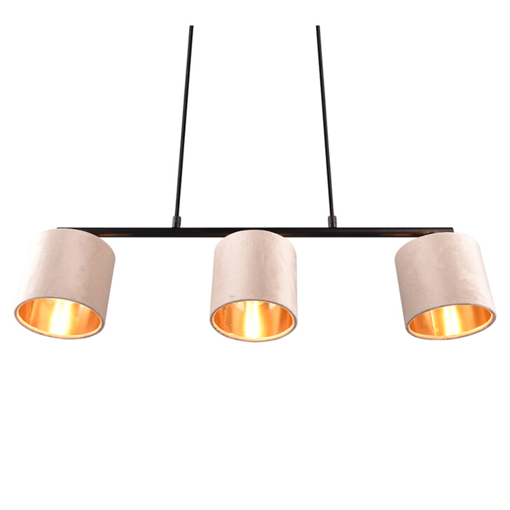 Trio Lighting Julieta 3 Light Linear Island Pendant Matt Black With Fawn Velvet Shade With Gold Lining