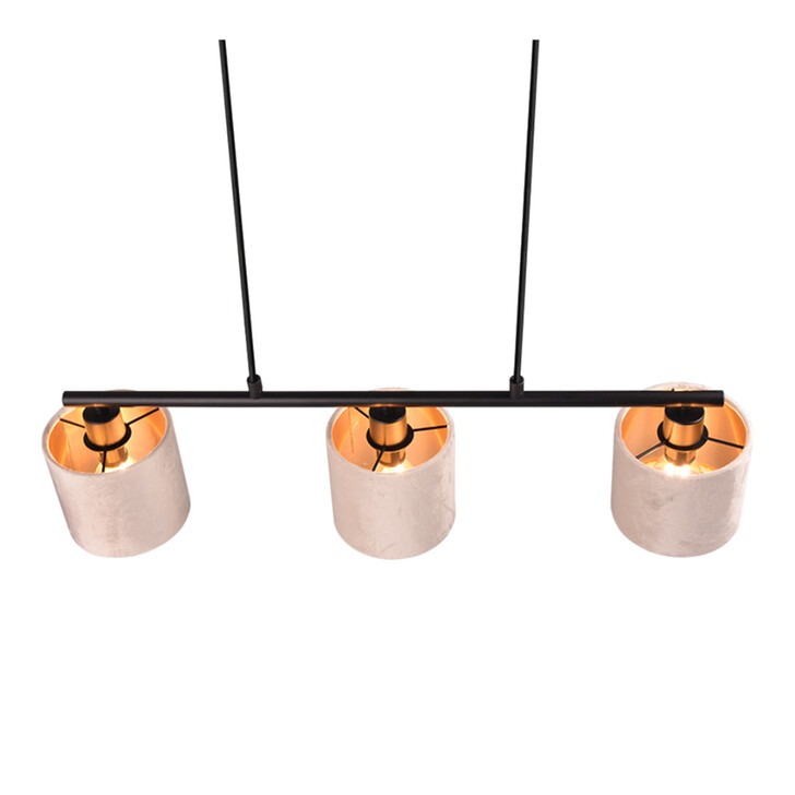 Trio Lighting Julieta 3 Light Linear Island Pendant Matt Black With Fawn Velvet Shade With Gold Lining