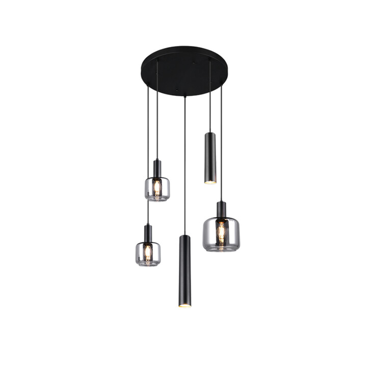 Trio Lighting Mataro 5 Light Clsuter Pendant Matt Black With Chrome Plated Glasses
