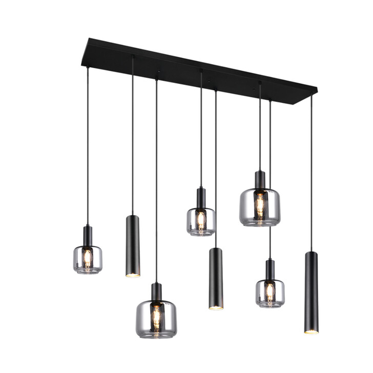 Trio Lighting Mataro 8 Light Rectangular Island Pendant Matt Black With Chrome Plated Glasses