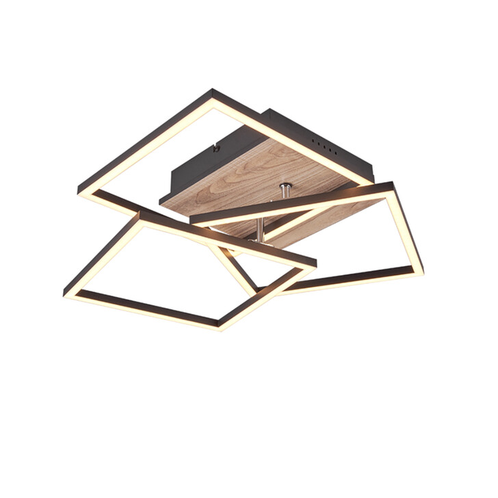 Trio Lighting Mobile Matt Black & Wood Square Flush Swivelling Ceiling Light - Remote Control