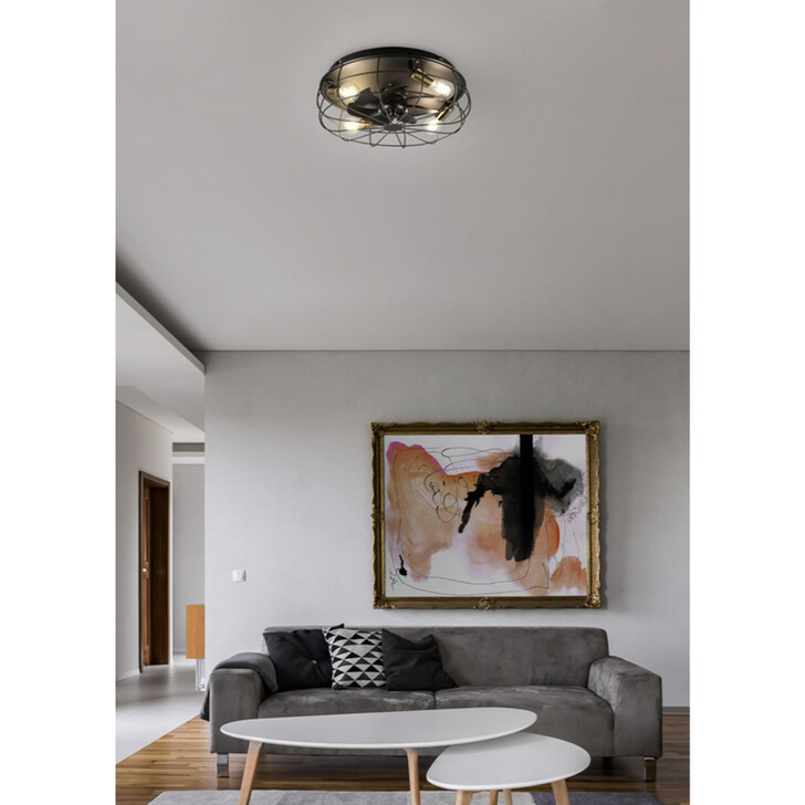 Trio Lighting Trondheim Matt Black Inustrial Cage Style Remote Control Ceiling Fan