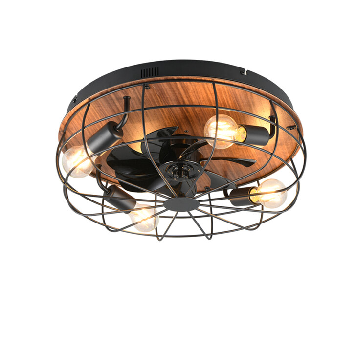 Trio Lighting Trondheim Matt Black/Wood Inustrial Cage Style Remote Control Ceiling Fan