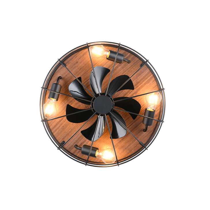 Trio Lighting Trondheim Matt Black/Wood Inustrial Cage Style Remote Control Ceiling Fan