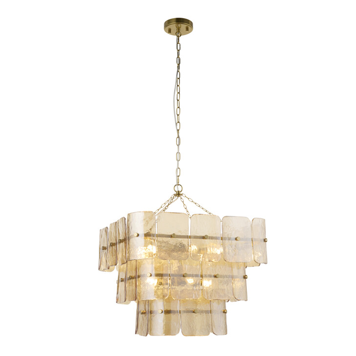 Venice 10 Light Brushed Brass Finish Pendant Light Complete With Champagne Textured Glass