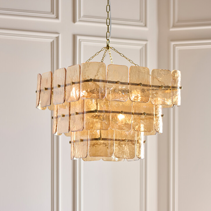Venice 10 Light Brushed Brass Finish Pendant Light Complete With Champagne Textured Glass