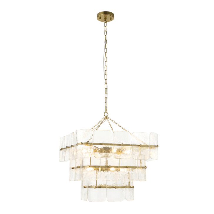 Venice 10 Light Brushed Brass Finish Pendant Light Complete With Clear Textured Glass