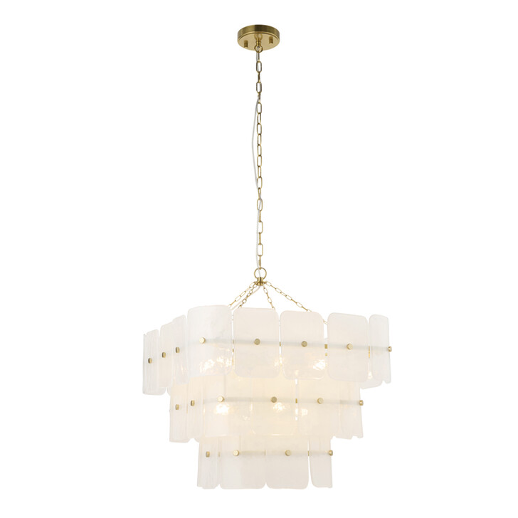 Venice 10 Light Brushed Brass Finish Pendant Light Complete With White Textured Glass