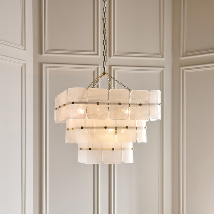 Venice 10 Light Brushed Brass Finish Pendant Light Complete With White Textured Glass