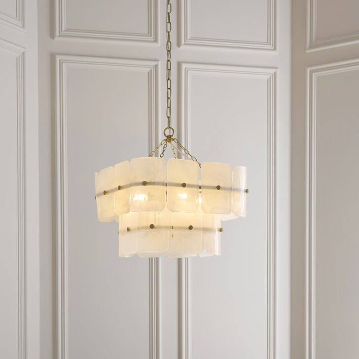 Venice 4 Light Brushed Brass Finish Pendant Light Complete With White Textured Glass