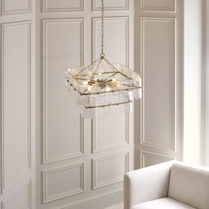 Venice 6 Light Brushed Brass Finish Pendant Light Complete With Clear Textured Glass