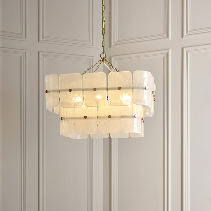 Venice 6 Light Brushed Brass Finish Pendant Light Complete With White Textured Glass