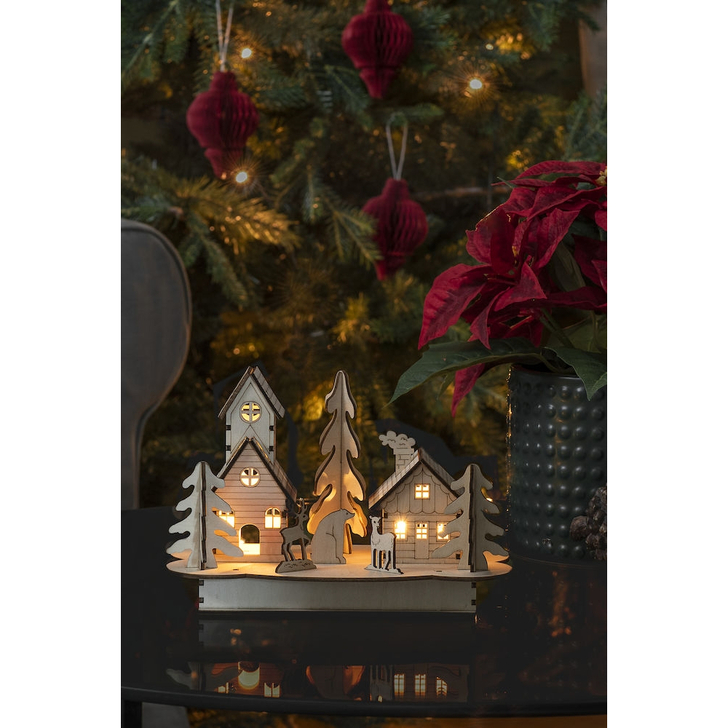 Wooden Silhouette Houses and Animals Christmas Decoration Battery Powered