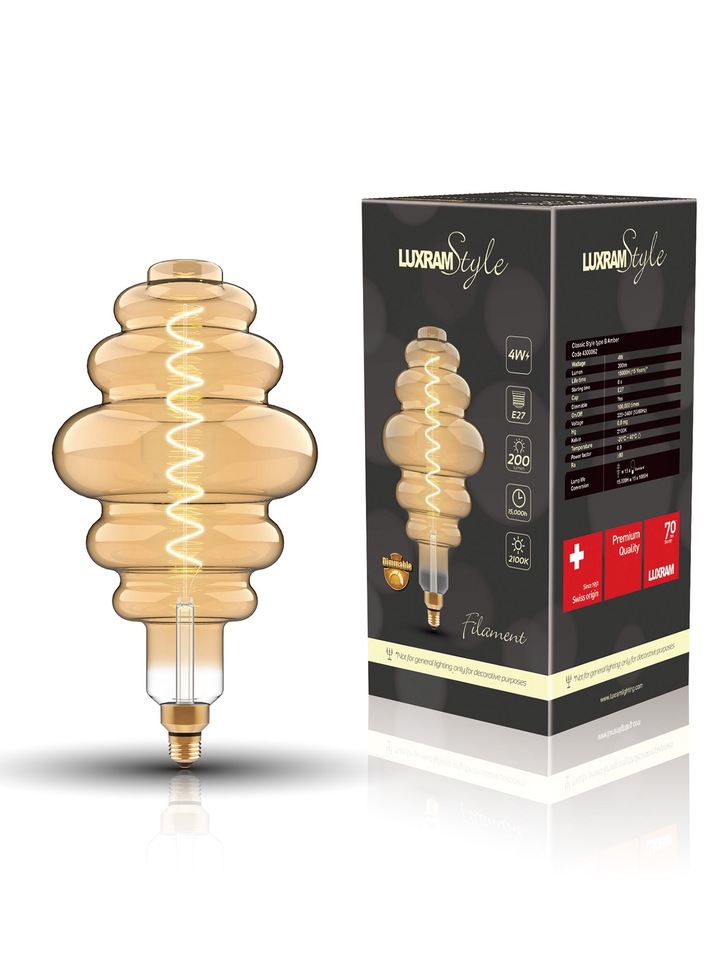 4W LED Classic Style Amber Finish Dimmable Ribbed Lamp - E27, 2100K