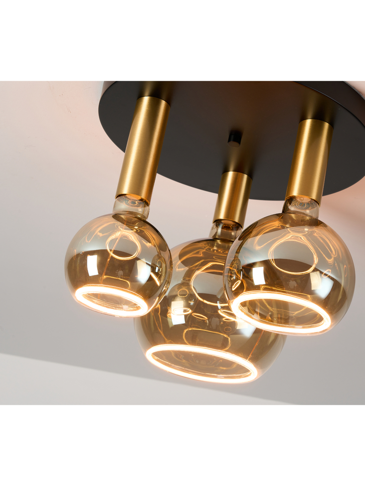 Angel Black And Gold 3 Light Semi Flush Ceiling Light Complete With Assorted Smoked Angel LED Globes