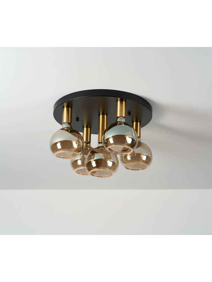 Angel Black And Gold 5 Light Semi Flush Ceiling Light Complete With Smoked Angel LED Globes