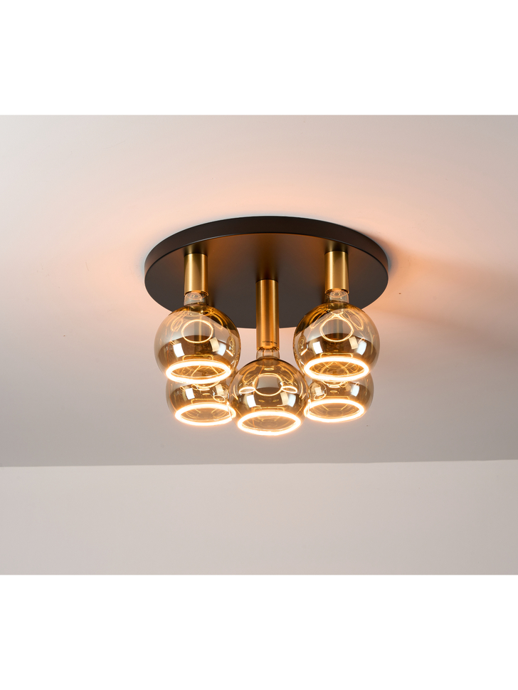 Angel Black And Gold 5 Light Semi Flush Ceiling Light Complete With Smoked Angel LED Globes