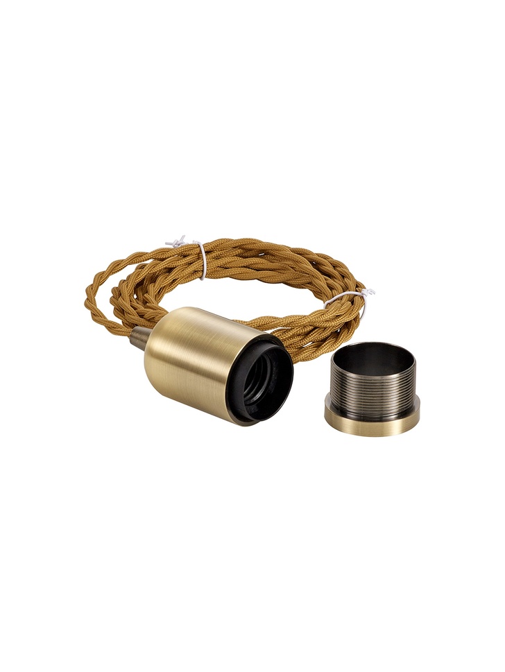 Antique Brass E27 Metal Lampholder Kit With Cable Clamp And 3m Golden Brown Braided Twisted Cable