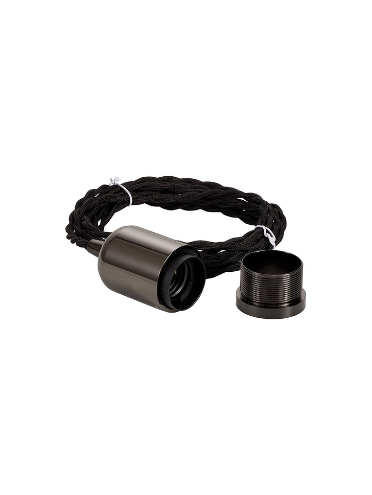 Black Chrome E27 Metal Lampholder Kit With Cable Clamp And 3m Black Braided Twisted Cable